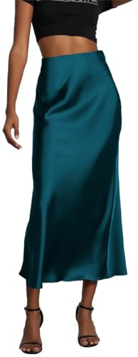 OLIPHEE Falda Larga Mujer Falda Satén Cintura Alta Elástica Vestido Mujer Vestido Satén Línea A Color Sólido Casual Chic Elegante Noche 1 Azul L