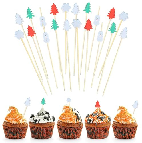 ycezw Brochetas de cócteles de Navidad,Picos de cócteles de frutas de Navidad,Brochetas de dulces de Navidad | Palos de madera 100 X, pájaros carpinteros de 4.7 pulgadas, suministros de fiesta, palos