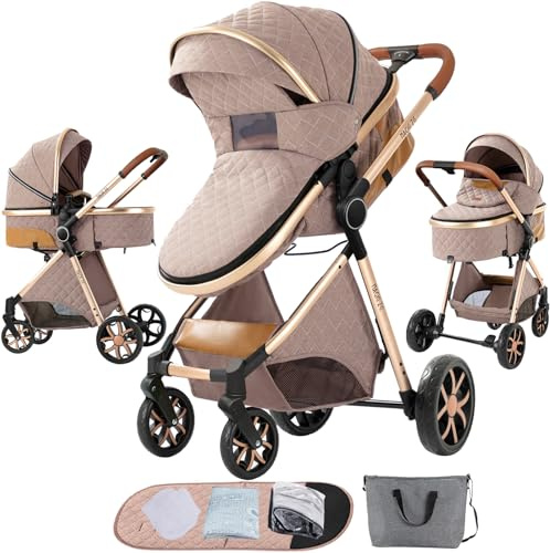 Veitoalioy 2 in 1 Baby Stroller, One Click Folding Convertible Newborn Infant parm, Standard Cart, Reclining Buggy That can be Pushed Forward and Backward, New Born Pushchair 0-36 Month (2USV9-KHAKI)