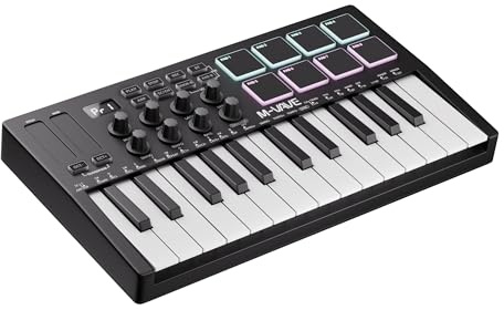 DaierTek Controlador de teclado Midi de 25 teclas, mini piano midi portátil Bluetooth y USB con 8 almohadillas retroiluminadas, 8 perillas y software de producción de música para grabación de
