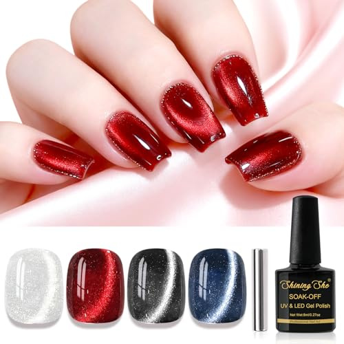 Shining She UV nagellack Cat Eye, 4 färger 9D holografisk Cateye magnet nagellack blötläggning av UV, klassisk vit röd svart blå glitter gel nagellack för kvinnor manikyr salong gör-det-själv, 8 ml