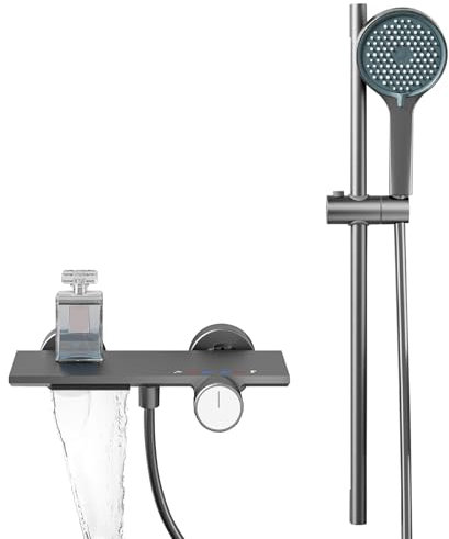 Rubinetto Miscelatore per Doccia e Vasca,Rubinetto Vasca da Bagno Cascata,Sistema Doccia a Parete con Altezza Regolabile 90-124cm&Porta Ogetti Mensola