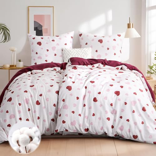 Aisbo Bettwäsche 135x200 4teilig Baumwolle Rosa Rot Herzen Muster - Bettwäsche-Sets Bettbezug 2er Set mit 2 Kissenbezüge 80x80 cm, ÖKO-TEX Wendebettwäsche mit Reißverschluss