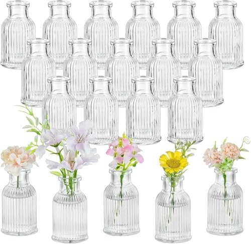 KBIBCK Kleine Glasvasen, 20 Stück Mini Glasvasen, Deko Vasen Set mit 2 10m Juteschnur, Klare Blumenvase Klein, Lovely Mini Vase für Tischdeko Zuhause Hochzeiten Geburtstage Feste, Spülmaschinenfest