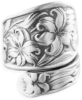 XJEIVJIC Boho Lily Flower Vintage Spoon Ring for Women Open Ring Carving Victorian Flowers Oxidized Floral Wedding Statement Birthday Mothers Day Gifts