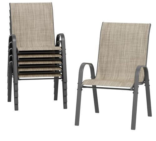 Amopatio 6er Set Gartenstühle Stapelbar, Breiter 55cm Hochlehner Stapelstühle aus Textilene und Metallgestell, Terrassenstühle Balkonstuhl mit Armlehnen Wetterfest, 60 x 72 x 96 cm, Braun