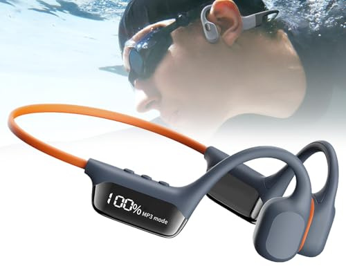 POCDUUA Bone Conduction Swimming Headphones - IP68 Waterproof, Built-in 32GB MP3 Player, 6H Battery with LED Power Display for Swimming, Running, Cycling & Driving,Grey