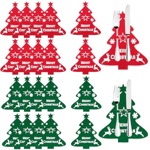 Koboko Besteckhalter Weihnachten Filz,20 Stück Bestecktasche Weihnachten,Besteckbeutel Weihnachtsbaum Tischdeko,Weihnachtsdeko Besteckhalter,Weihnachts Messer Gabeln Löffel Geschirr Besteck Taschen