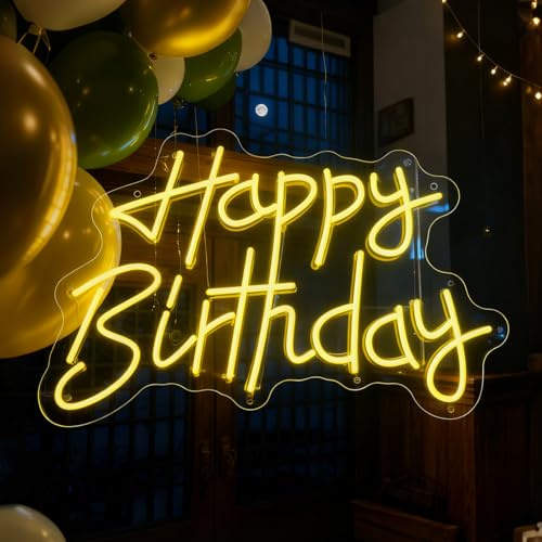 Happy Birthday Neon Schild, LED Geburtstag Gelb Neon Sign für Wand Deko, Dimmbare Brief Neonlichter USB Power für Geburtstag Party Bar Club Pub Home Männ Höhle