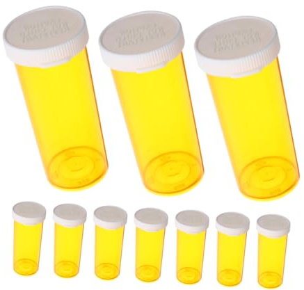 SOESFOUFU Contenitore Portatile per Pillole in Plastica Pp 10 Pezzi Tappi Arancioni, Organizer Vuoto per Medicinali e Integratori, per Viaggio e Casa