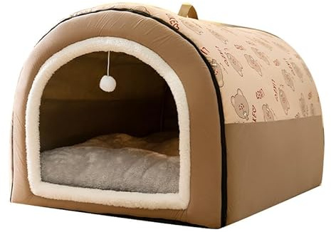 Klein Bottle 2-in-1 faltbares Haustierbett, Plüsch-Hundezelt und Katzenhöhle, braunes Indoor-tragbares Haus mit waschbarem Kissen, 6 Größen für kleine mittelgroße Hunde, 46 x 42 x 45 cm (Braun, M)