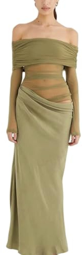 Sukiglam Vestito Lungo Donna Elegante Maxi Abito con Spalle Scoperte Maniche Lunghe Sexy Aderente Vestiti in Rete Trasparente Abiti da Sera Cerimonia Festa Discoteca Autunno Inverno Bodycon Tubino