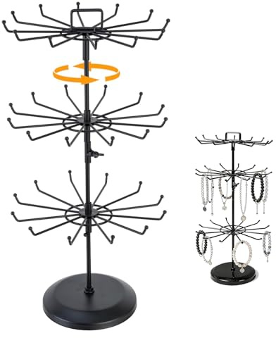 Espositore Girevole per Gioielli a 3 Livelli, Albero Portagioie in Metallo Supporto Girevole per Anelli Ciondoli, Porta Espositiva per Collane e Bracciali con 36 Ganci e Portacartellini Superiore