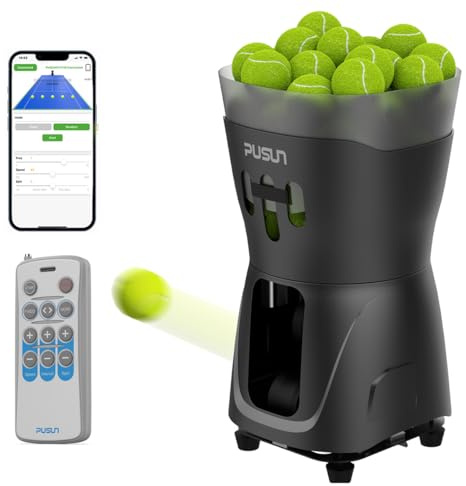 PUSUN PT-Mini Pro Tennisballmaschine mit APP- & Fernbedienung, 5–37 MPH, 1,8–8 Sek./Ball, 65+ Ballkapazität, 3–5 Std. Akku, Tragbarer Tennis Ballwerfer für Kinder & Anfänger