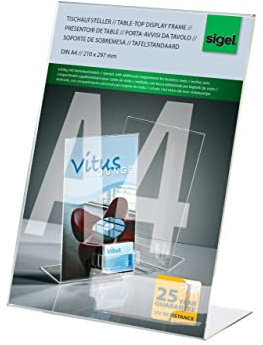 Sigel Tischaufsteller A4 schräg aus Acryl mit Visitenkartenfach | TA230, hochwertiges glasklares Acryl, garantiert UV-beständig, Werbeaufsteller