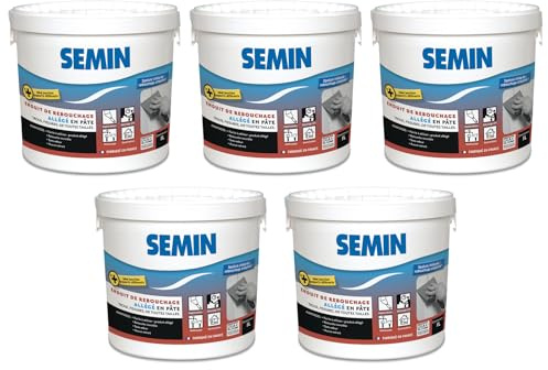 Semin SEM-LIGHT Enduit de Rebouchage Allégé- 5 X 1 L – Ultra Léger, Sans Retrait & Séchage Rapide – Réparation Trous & Fissures – Intérieur Murs & Plafonds – Blanc Mat – 5 Spatules Intégrées