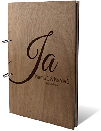 Hochzeit Fotoalbum Okoume Holz Gravur individuell Holzcover 300g/qm schwarzen Innenseiten (25 Blatt | 50 Seiten) DIN A4 hoch 215 x 302 mm - Ja