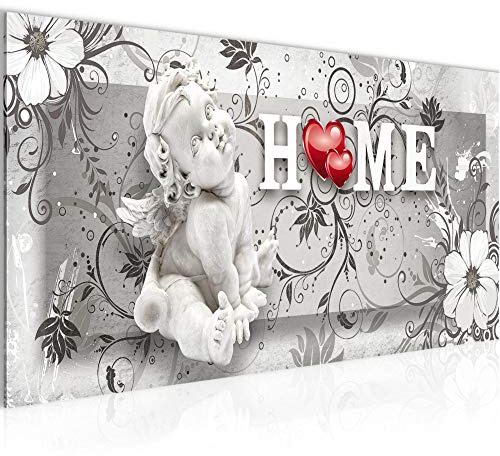 Runa Art Wandbild Engel Vintage 1 Teilig 100 x 40 cm Modern Bild auf Vlies Leinwand Blumen Wohnzimmer Schlafzimmer Grau Rot 030812c