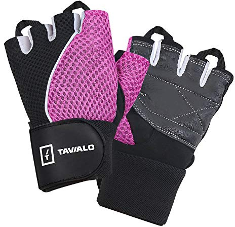 TAVIALO Fitnesshandschuhe, Traningshandschuhe für Damen, Größe M(8), Farbe Rosa/Weiß/Schwarz, doppelt verstärkte Handinnenfläche mit Leder