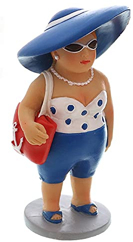 ETC dekorative witzige kleine Dekofigur Strandlady mit Badetuch oder Badetasche weiß-rot oder weiß-blau (weiß blau mit Badetasche)