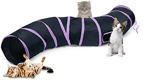 Sheldamy Cat Tunnel, S-2-Way Cat Tunnels for Indoor Cats, Collapsible Cat Play Tunnel, Interactive Toy Maze Cat House with 1 Play Ball for Cats, Puppy, Kitty, Kitten, Rabbit (Pink & Black)