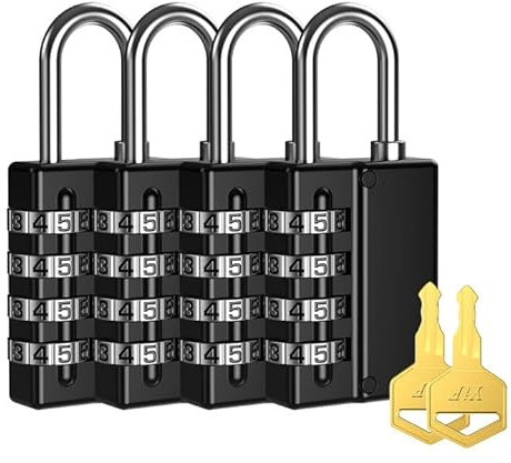 AMIR 4 Pack Combination Padlock, 4 Digit Resettable Security Padlock with Keys, Waterproof Gate Lock for School, Gym or Sports Locker, Fence, Toolbox, Case, Hasp Storage, School Supplies