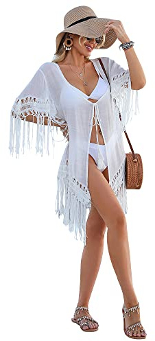 CHIC DIARY Bikini Strandkleid Cover Up Weiß Boho Strandtunika Kurz Gestrickte Strandponcho mit Quaster Beachwear Damen