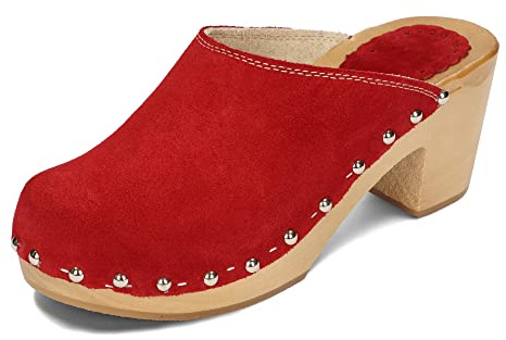 BeComfy Damen Holzclogs mit Absatz Wildleder Holzschuhe Hochhackige Clogs Echt Leder Pantoletten 35-41 EU