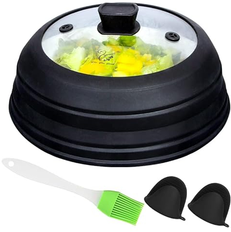 Couvercle anti-éclaboussures en verre pour micro-ondes - Couvercle pliable avec poignée en silicone pour casserole, assiette et bol - 30 cm - Noir