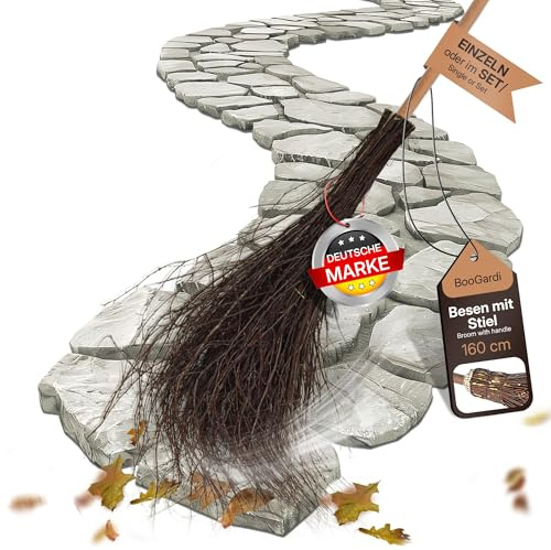 BooGardi Hexenbesen Kinder · 2X Reisigbesen mit Stiel 160cm lang · Kehrbesen aus Birkenzweigen · Deko Besen für Halloween Hexe & Karneval · Birkenbesen Gartenbesen