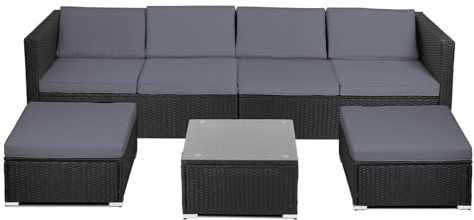 Panana 6 Seater Rattan Garden Furniture Set, Wicker Patio Lounge Sofas with Table Stools Sectional Modular Combination for Conservatory Outdoor Balcony (Black Rattan with Grey Cushions)