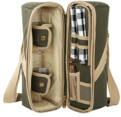2 Person Insulated Deluxe Wine Cooler Bag with Accessories, Perfect for Picnic, Camping, and Beach (Khaki Green)