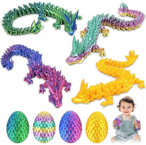 Audasi Set med 4 3D-tryckta drakägg inuti, helt ledad drake i påskägget överraskning dinosaurie flexibla ägg mysterium drake actionfigurer för hem kontor