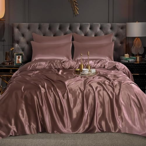 XXR Blush Pink Satin Silk Complete Bedding Set Duvet Cover Fitted Sheet 4 Pillow Cases 6 Pcs (Blush Pink, Double)