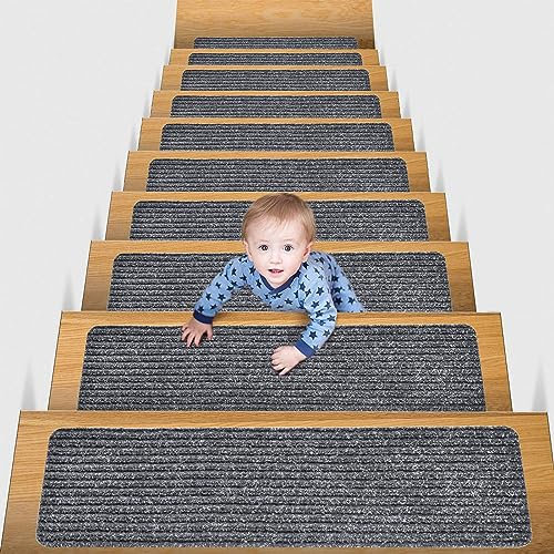 xixi-home Treppenmatte, rutschfeste Stufenmatten, selbstklebend, mit rutschfester Gummi-Rückseite, waschbar, für Kinder, ältere Menschen, Haustiere, 20 x 76 cm, Dunkelgrau, 14 Stück