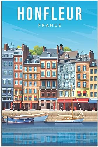 Leinwandkunst Frankreich Honfleur Stadthaus Boot Vintage Reise Poster dekorative Drucke Wandmalerei Home Decor Poster Kunst Ungerahmt 60x90cm