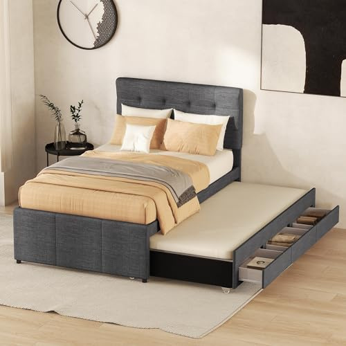 Azkoeesy Polsterbett mit Ausziehbett und 3 Schubladen, 90x20 cm, Kinderbett, Jugendbett, Doppelbett, mit Lattenrost, Leinenstoff, Grau