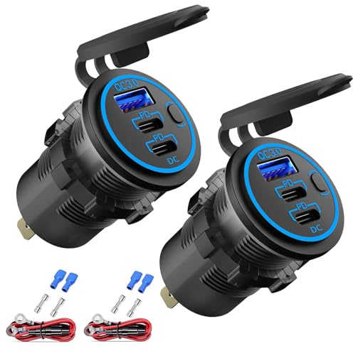 12V USB Steckdose USB-Ladegerät Mehrere Anschlüsse, Dual PD3.0 USB-C und Quick Charge 3.0 Auto-Anschlussbuchse mit Netzschalter, Schnell-Ladegerät für Handy und Tablet, Geeignet für Auto Boot
