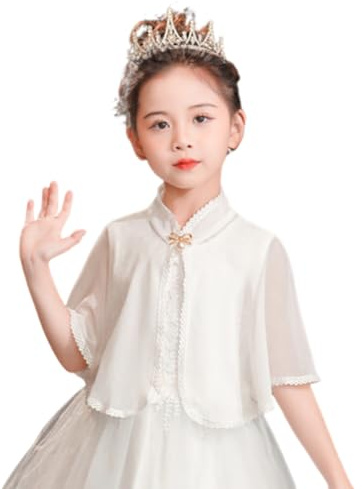 SamHeng Girls Chiffon Shawl, Princess Dress Wrap Capelet Flower Girls Lace Bolero Shrug Coat Cape Jackets for Wedding Party Birthday Communion Performances Daily Wear (White)