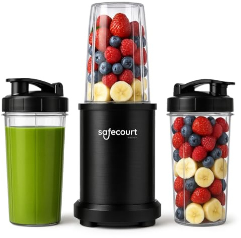 Safecourt Mixer Smoothie Maker To Go [1000W] - Shake Mixer [2x700ML BPA-freier To-Go Becher] Standmixer Hochleistungsmixer für Smoothie, Eiweis Shake - Shaker Proteinshake elektrisch - Schwarz