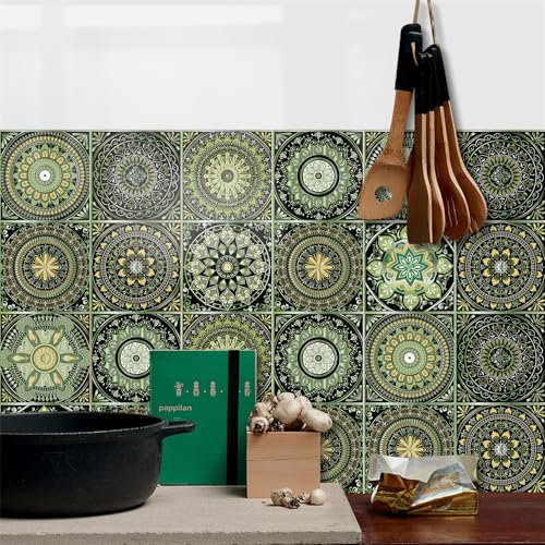 Fliesenaufkleber Retro Green Mandala Klebefliesen Küche Pvc Klebefliesen Küche,Wasserfest Fliesenaufkleber Bad,Küchenrückwand Selbstklebend Leicht Zu Schrubben 10 Stück(20x20cm)