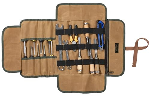 Tool Roll Bag | Heavy Duty 16oz Waxed Canvas Wrench Set Roll, Elastic Band Slots + 9 Regular Slots - Khaki, Portable Hand Tool Storage Pouch for Wrench Plier Nuts Carpentry Tools | 60x30 cm