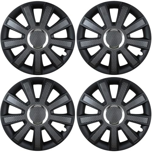 Premium Radkappen 14 Zoll in Schwarz-Carbon-Glänzend mit Chromring 4er-Satz hochwertige Radzierblenden für PKW-Stahlfelgen Radblenden-Zweifarbig Radabdeckungen Raddeckel Zierblenden Zierkappen 4 Stück