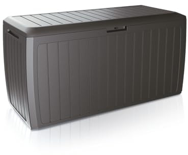 Stolmet 290L Wood-Look Garden Storage Box | Outdoor Plastic Patio Tool Chest & Log Store | 116.6x47x59.5cm | Lockable, Wheeled, Weather-Resistant (Dark Brown)