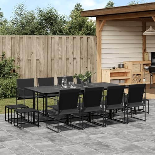 Homgoday Set da pranzo da giardino 13 pezzi textilene nero, sedia seduta poltrona tavolo cucina esterno terrazza patio balcone mobili
