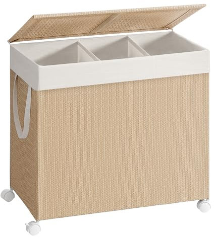 SONGMICS HOME Wäschekorb 3 Fächer, Wäschesammler 140 L, Wäschesortierer auf Rollen, mit Deckel, Wäschesack mit Griffen, Rattan-Optik, für Waschküche Badezimmer, naturbeige-mattweiß LCB602N01