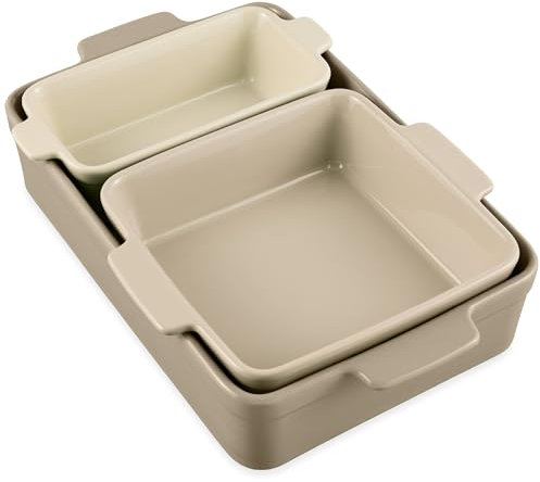 Best Choice Products 3-Piece Ceramic Bakeware Set, Stoneware Baking Dishes, Porcelain Casserole Bakeware Dishes, Serving Dishes - 9x12 Casserole, Loaf Pan, 8x8 Baking Dish - Mushroom Beige