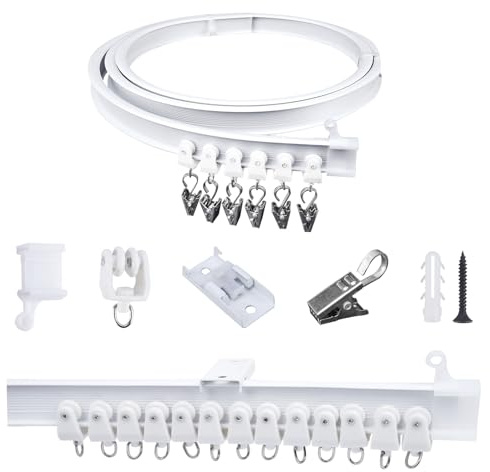 FOGAWA 2m Vorhangschiene mit 16 Vorhangklammern, Deckenvorhangschiene, Flexible Gardinenschiene, Gebogen, Deckenschiene für Duschvorhangstange, Raumteiler, Vorhangschienensystem Deckenmontage, Weiß