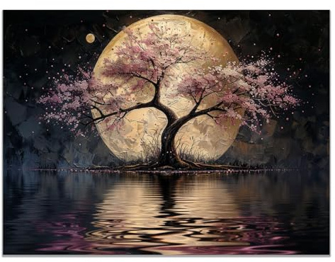 BOHUO Quadri Moderni Grande Stampa su Tela, Lago dell'albero della luna Albero Della Vita Quadro poster Decorazione Murale Adatto Soggiorno Camera da letto - 80x110cm Non incorniciato(Nero)