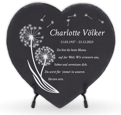 LAUBLUST Personalisierte Grabplatte als Grabschmuck für Menschen mit Wunschtext | Schieferplatte mit Gravur als Grabstein Deko & Grabtafel in Herzform - Pusteblume, 3 Größen | Grabsteine mit Name